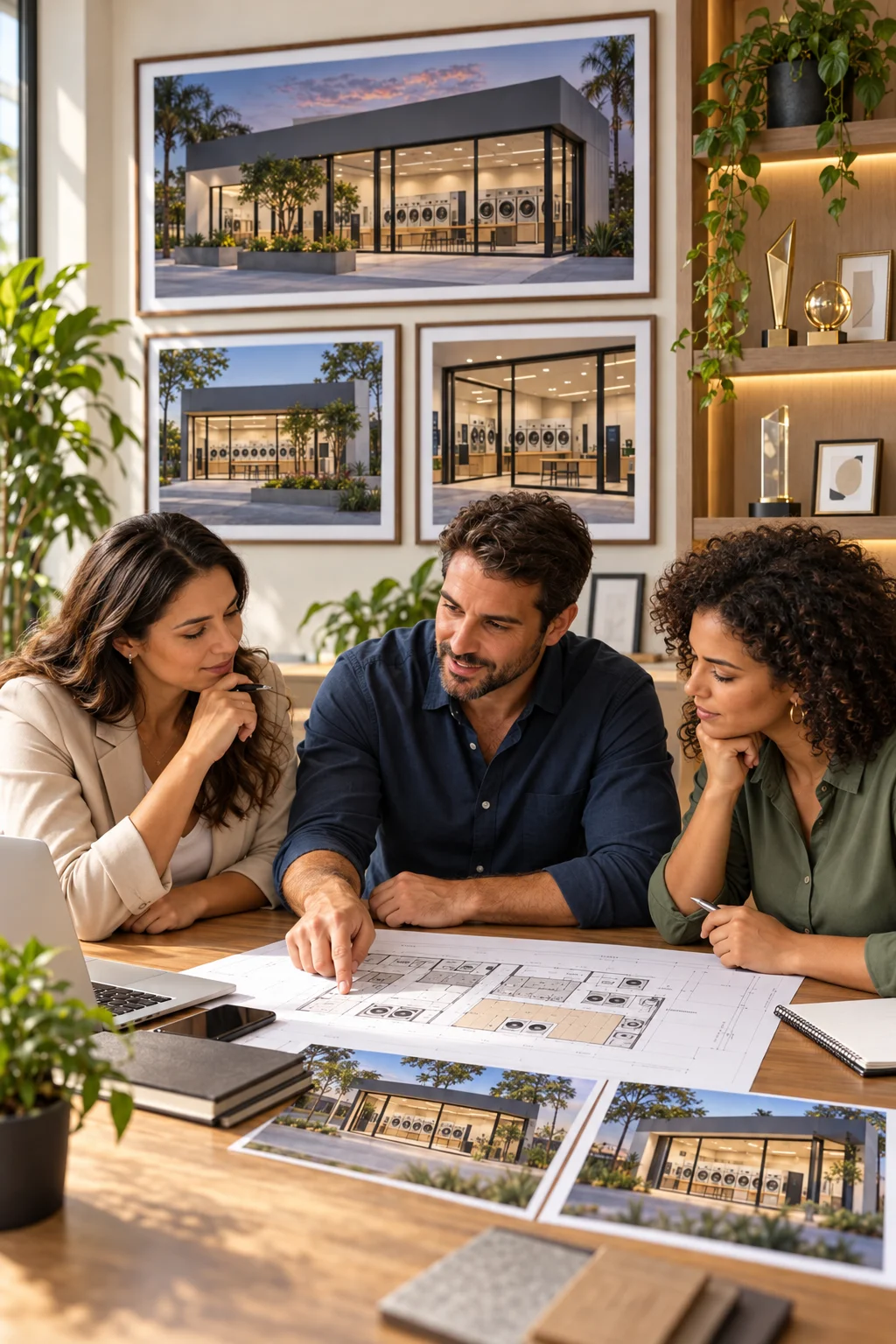 Equipe planejando uma rede de lavanderias, com fotos das unidades e troféus decorativos ao fundo.