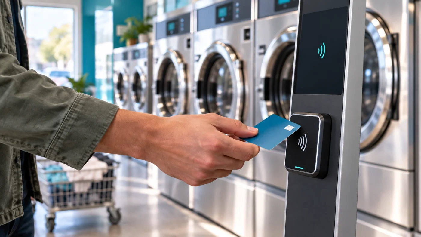 Pessoa aproximando um cartão de um totem fino de pagamento digital.