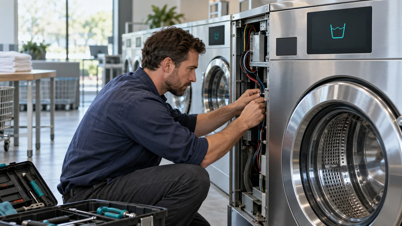 Técnico verificando equipamentos genéricos de autoatendimento.